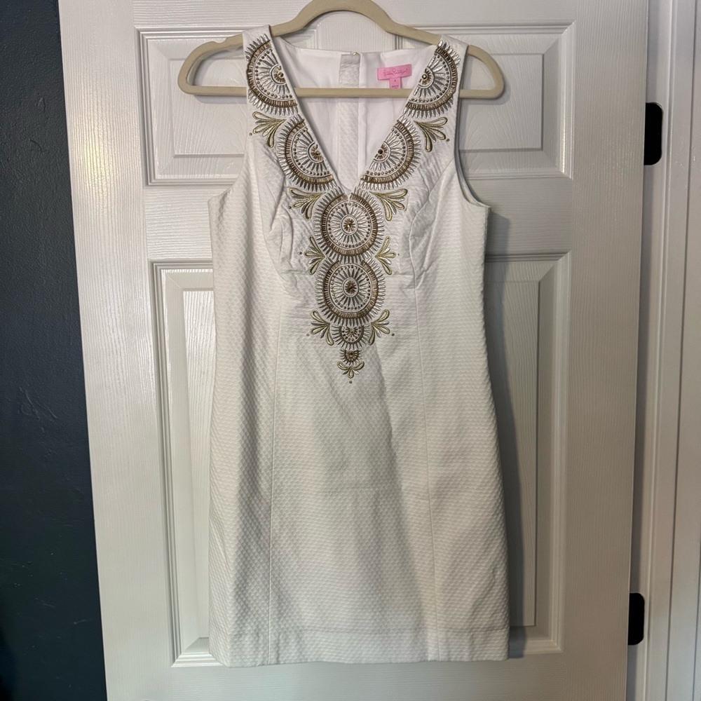 Lilly Pulitzer White Dress with Gold Embroidery